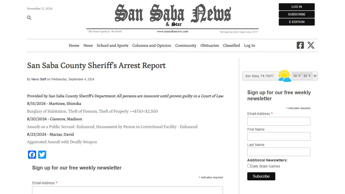 San Saba County Sheriff's Arrest Report