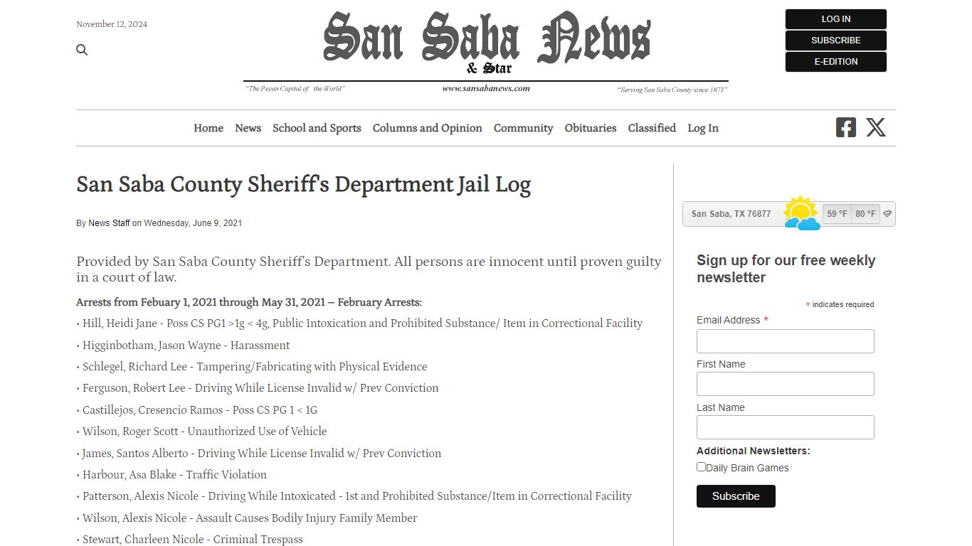 San Saba County Sheriff's Department Jail Log